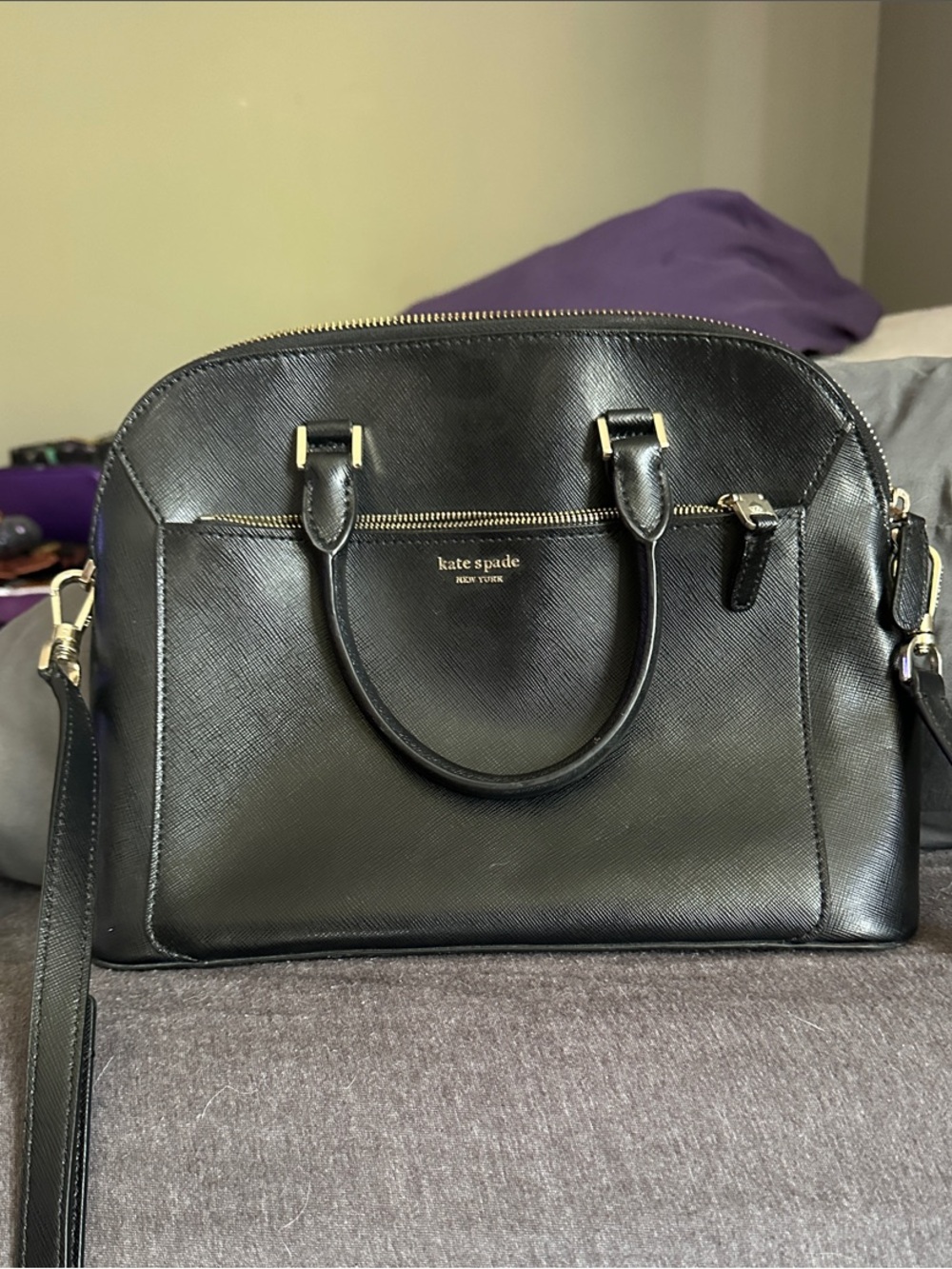 kate spade Black Saffiano Dome Satchel with Gold Hardware